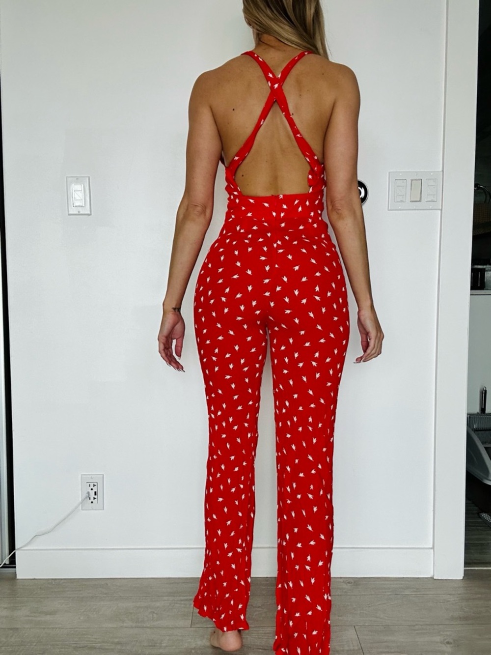 Vici Red Halter Jumpsuit with White Micro Print